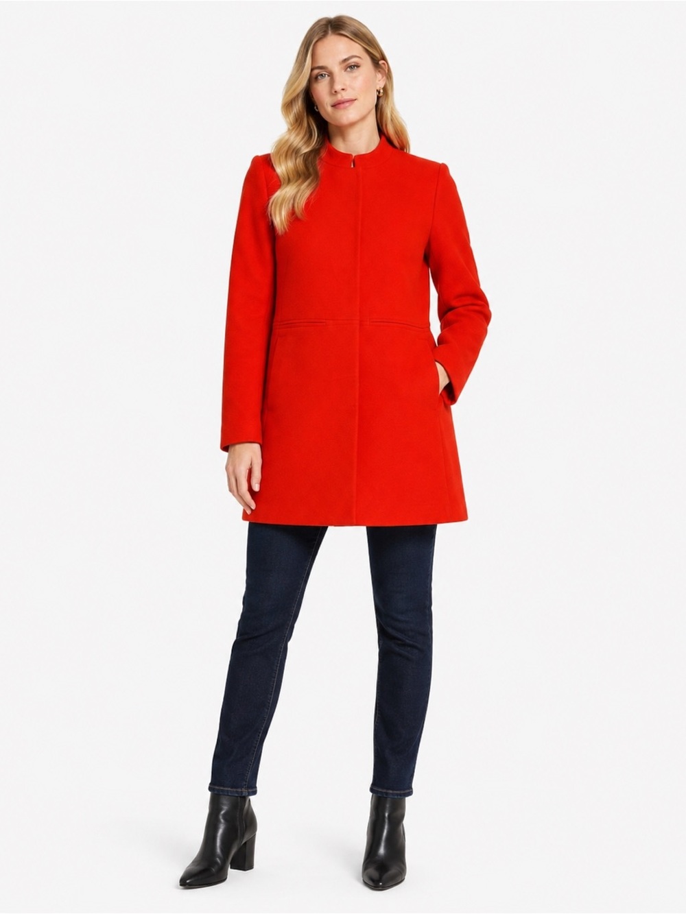 H&M bright orange coat hidden snaps structured style deep pockets size 8